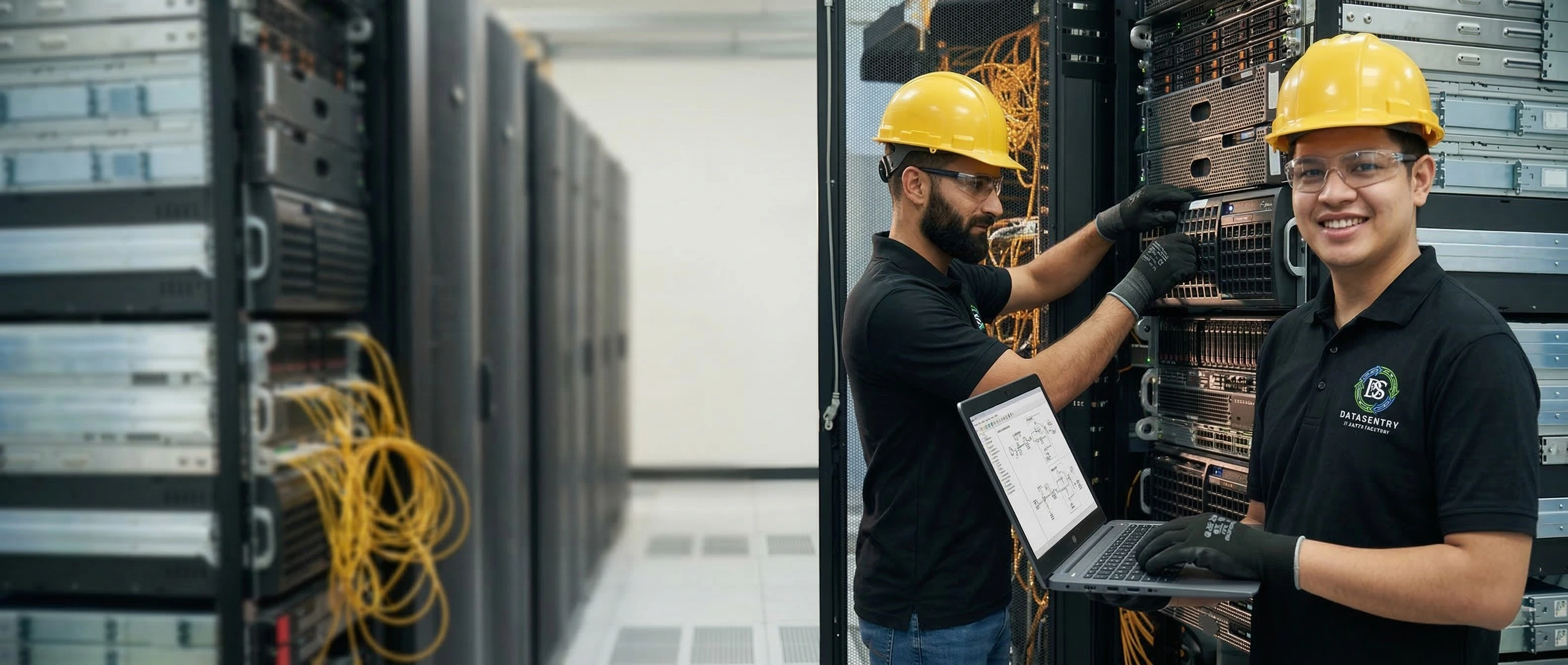 A Data Sentry compliance expert performing IT asset auditing and inventory in a Dubai corporate office, using a barcode scanner to track old business laptops